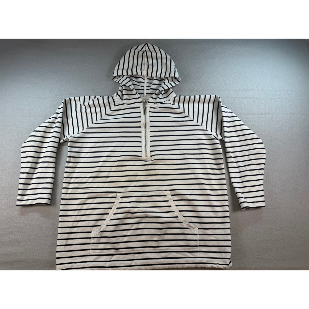 Gap Womens Half Zip Striped Hoodie Pullover Blue White Nautical Kangaroo Pocket